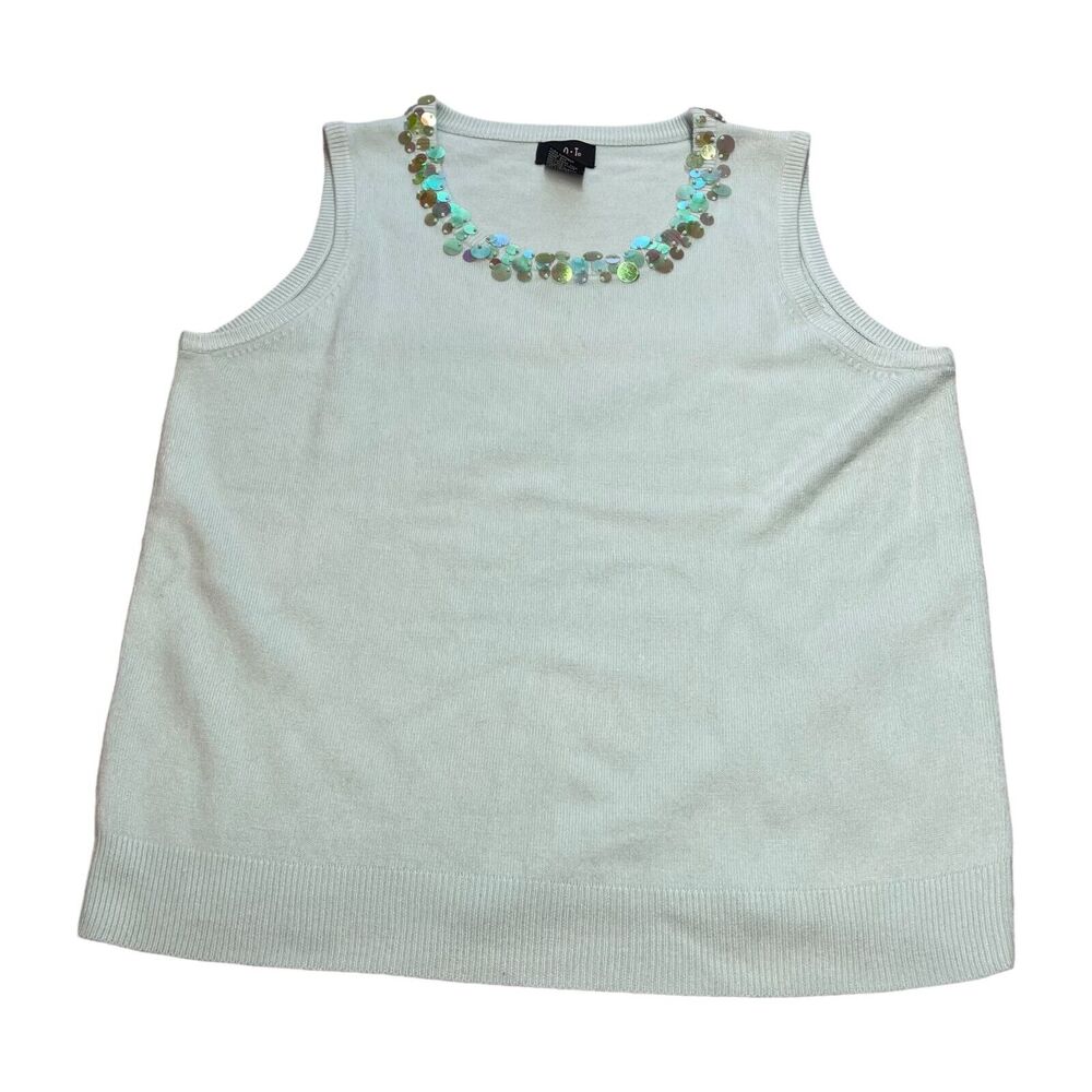 R.Q.T Sweater Vest Women's Large Light Mint Ribbed Knit Disc Sequins Round Neck - Picture 1 of 7